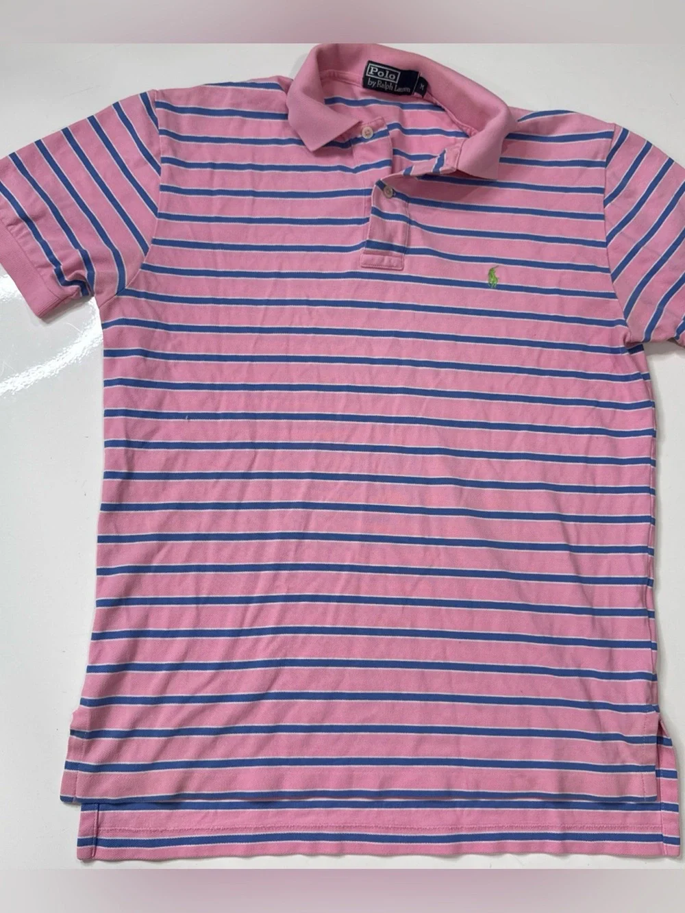 Polo Ralph Lauren Men's M Blue and Pink Striped Short Sleeve Polo Shirt A!0826